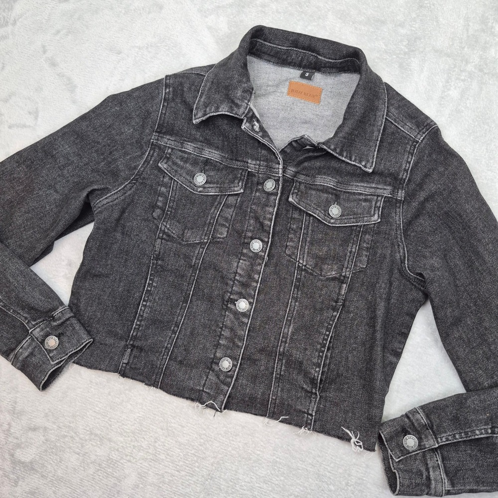 Judy Blue Womens Cropped Denim Jacket Washed Black Grey Raw Hem Stretch Size S